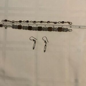 Brown and Silver Beaded Bracelet Set with Clear Crystal Earrings